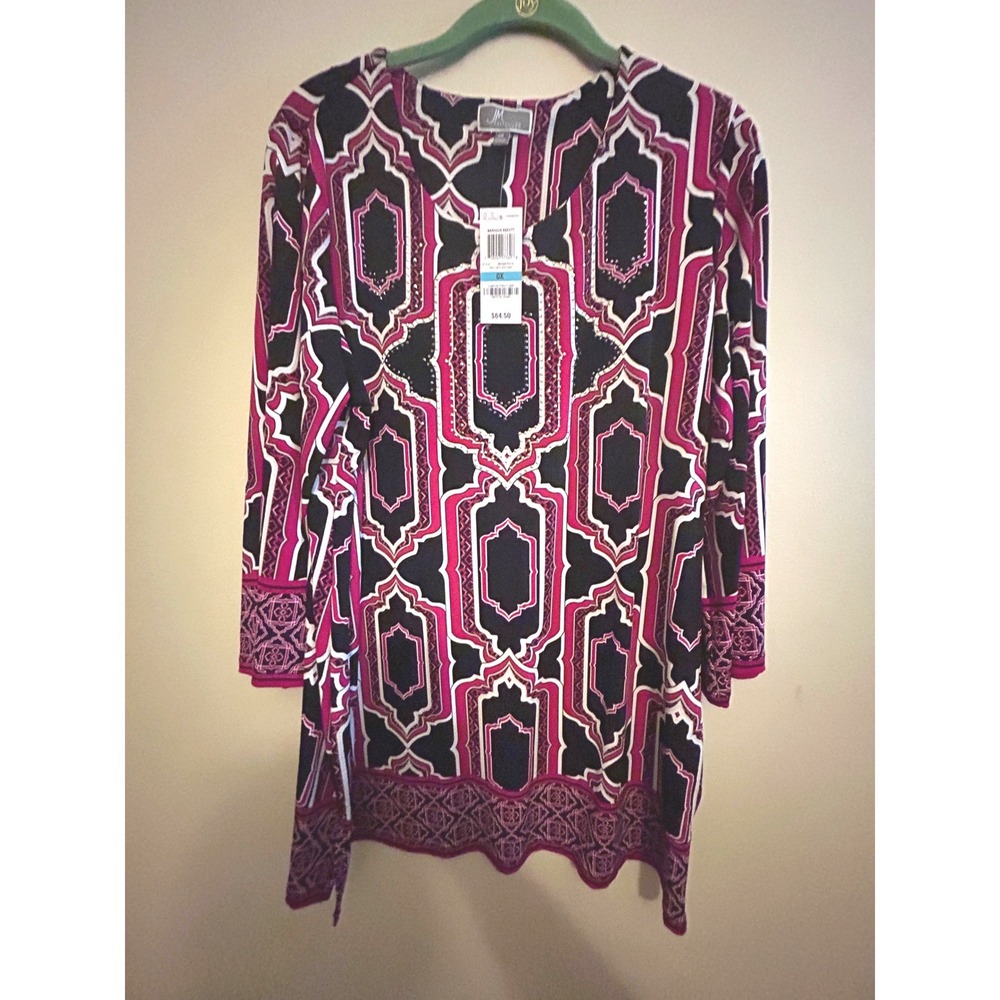 JM‎ Collection Tunic Top Womens 0X Magenta Black New Geometric Rhinestone